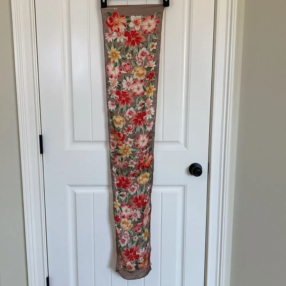 Anne Klein Silk Scarf Floral Coquette Feminine Brown Red Gree Yellow‎ 11x53